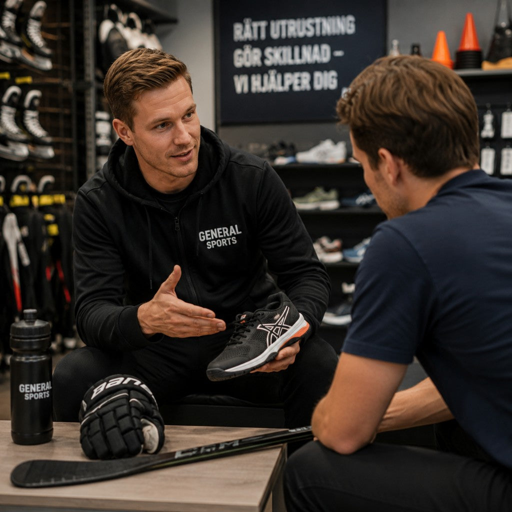 General Sports-personal visar löparsko och rådgivning för kund i butiken