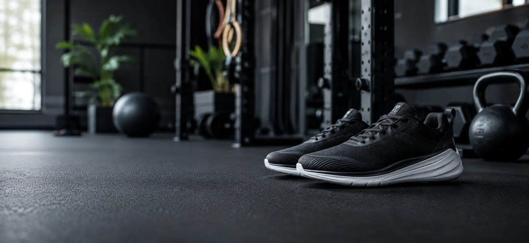Träningsskor placerade i en mörk och modern gymmiljö