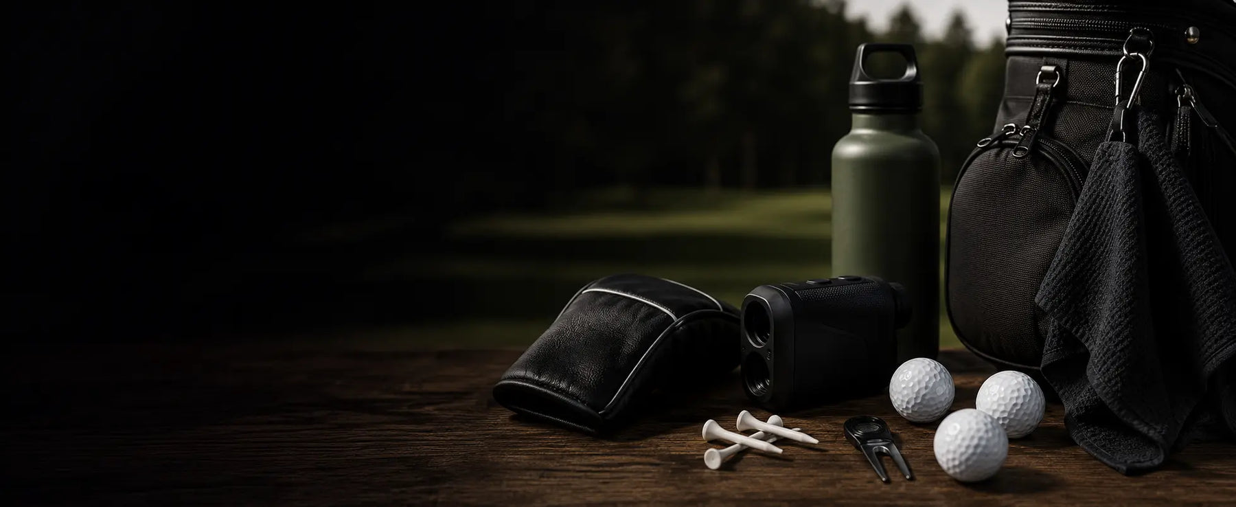 Golftillbehör med golfbollar, peggar och avståndsmätare
